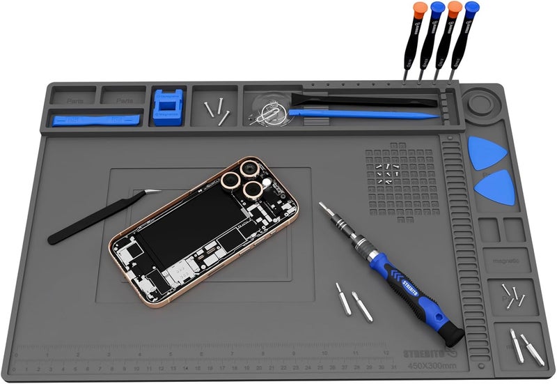STREBITO Soldering Mat Electronics Repair Mat, Solder Pad Heat Resistant 932°F, Magnetic Work Mat Silicone Pad for Soldering, Computer, Laptop, Cell Phone, RC, Watch, Gun, Size 17.7" x 11.8" (Grey) - Image 1